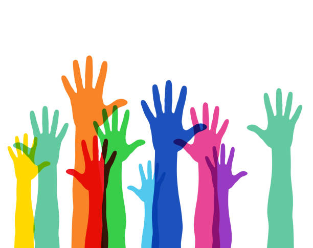 Illustration of a crowd raising hands, colorful